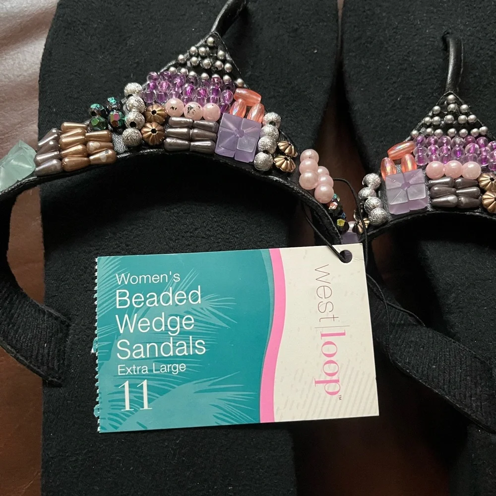 NWT Black Beaded Wedge Sandals Sz 11
